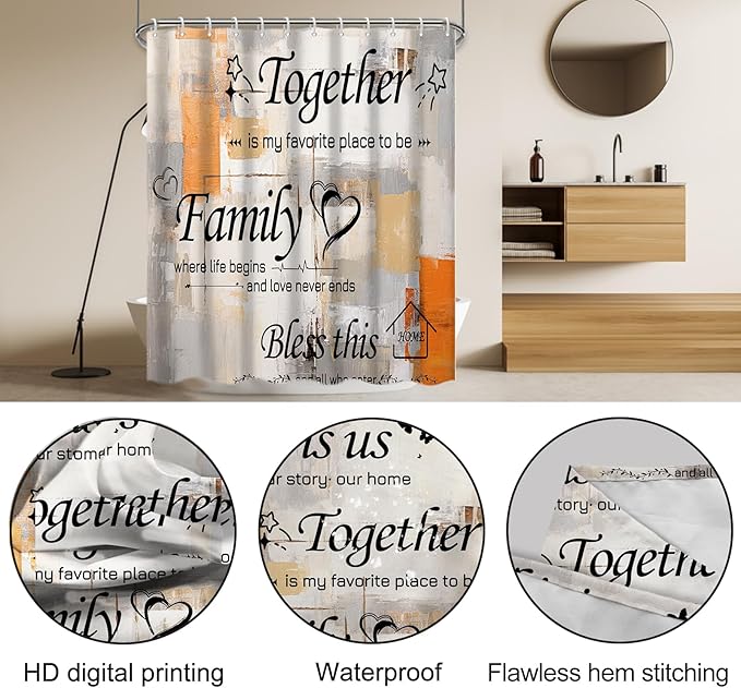 Lnond 4Pcs Bathroom Shower Curtain Sets with Rugs, Orange Grey Motivational Home Family Bathroom Sets with Shower Curtain and Rugs and Accessories