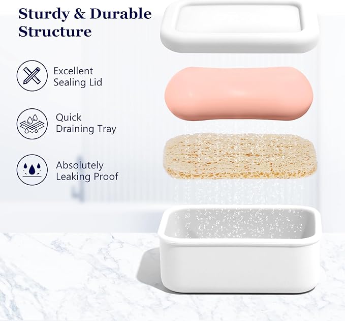HighHerz Leak Proof Silicone Travel Soap Case with Draining Tray - Bar Soap Holder for Travel, Gym & Camping - Mess-Free Portable Soap Container for Carry-on Bags (White)