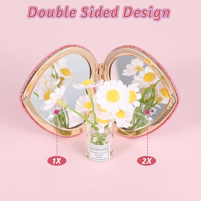Giantree Cute Heart-Shaped Makeup Mirror for Women, Pink Double-Sided Makeups Mirrors, Travel Portable Makeup Mirror Gift Magnetic Folding Mirrors Suitable for Women Home Office Valentine's Day