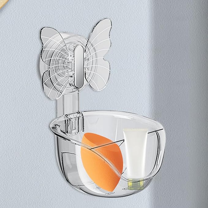 Self Adhesive Shower Shelves, Makeup Sponge Holder, Clear Shower Shelves Bottom Equipped with Drainage Holes and Powerful Butterfly Pressure Suction Cups, Adhesive Bathroom Shelves (Translucent gray)