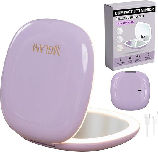Lighted Makeup Mirror for Women, Portable, LED Light, USB Charging, auto on/Off, 1x/10x Magnification and 3 Light Color Settings, dimmable (Lavender)