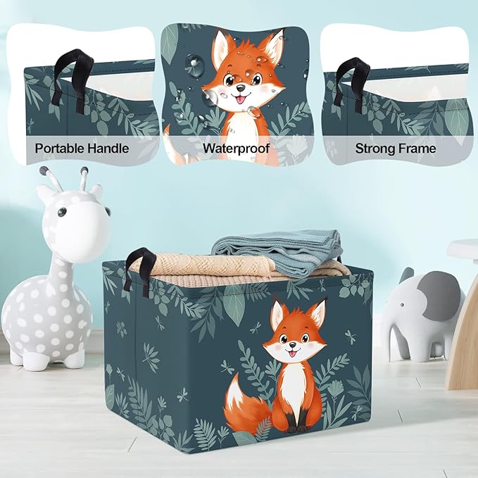 Clastyle Cute Woodland Animal Laundry Basket Kids Clothes Book Storage Basket Gift Toy Box for Bedroom Decor,Fox,40x30x30 cm