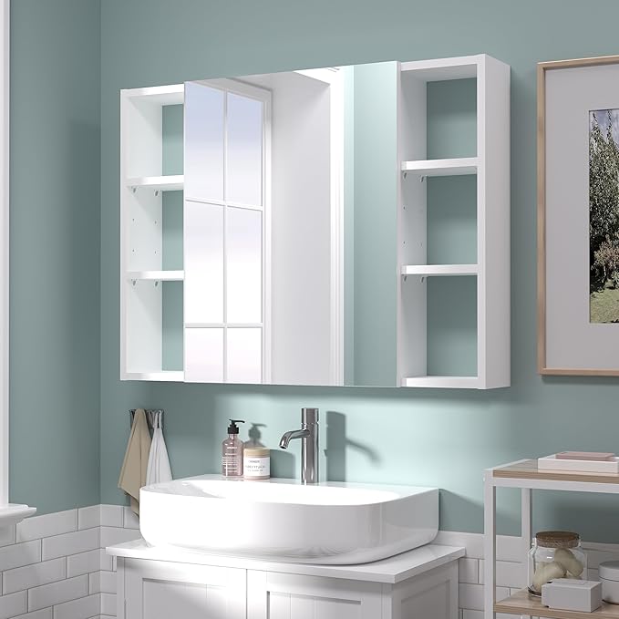 Bathroom Cabinet with Mirror, Wall Cabinet with 2 Mirrored Doors, Adjustable Shelf, Open Compartment, Wall-Mounted, 24x32 Inches, White (Assembly Required)