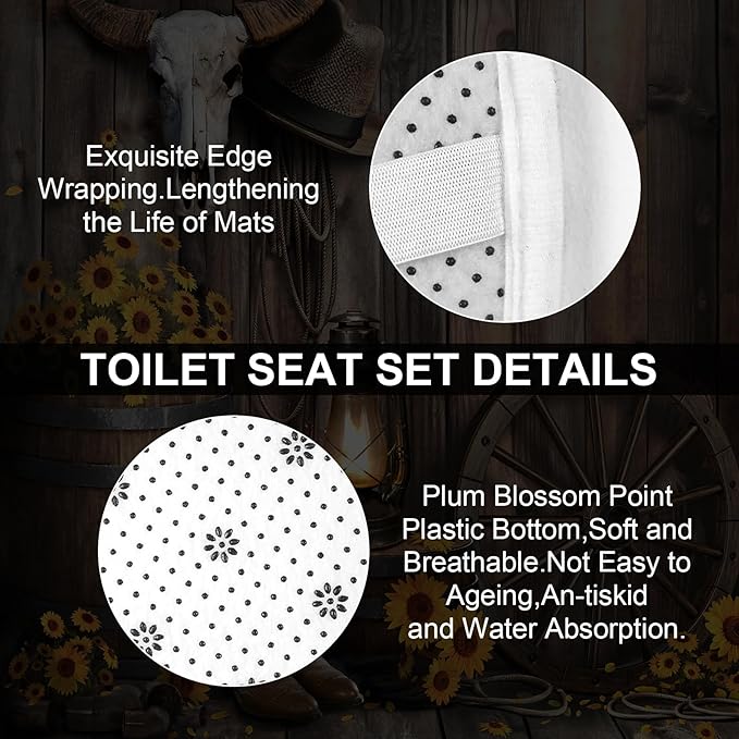 4Pcs Brown Cowboy Shower Curtain Rustic Theme Western Bathroom Set with Non-Slip Rugs, Rustic Farmhouse Shower Curtain with Sunflower and Barn Design, Washable Fabric, 12 Plastic Hooks