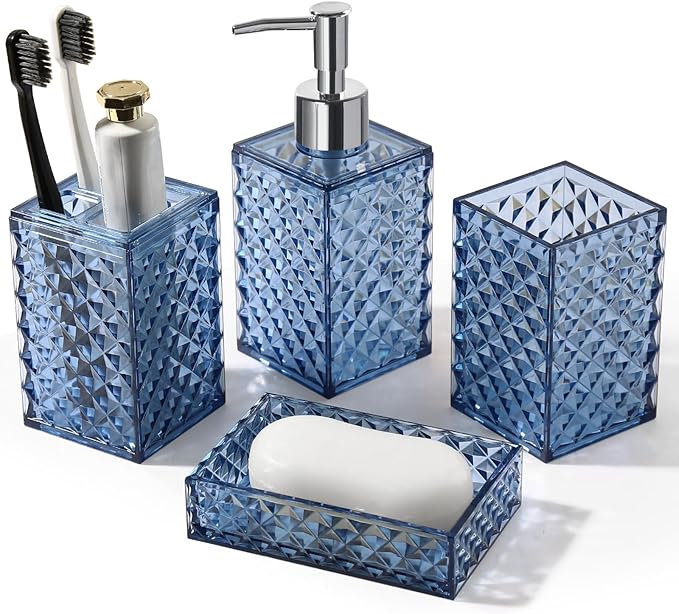 RYTOXILO Bathroom Accessories Set, 4 Pack Blue Acrylic Bath Accessory Sets Complete, Diamond Soap Dispenser and Toothbrush Holder Bathroom Counter Sink Set, Boho Modern Bathroom Decor