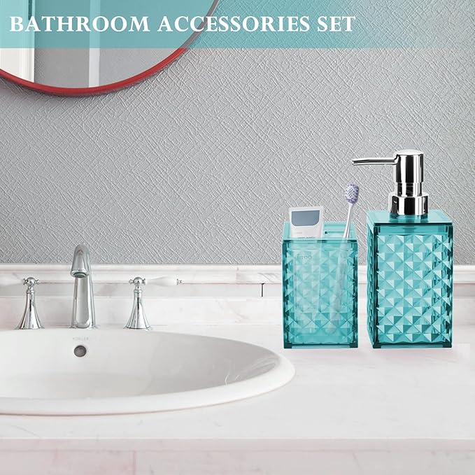 Bathroom Accessories Set 2 PCS, Teal Blue Bathroom Accessories Include Soap Dispenser and Toothbrush Holder, Diamond Pattern Bathroom Set for Boho Bathroom Decor