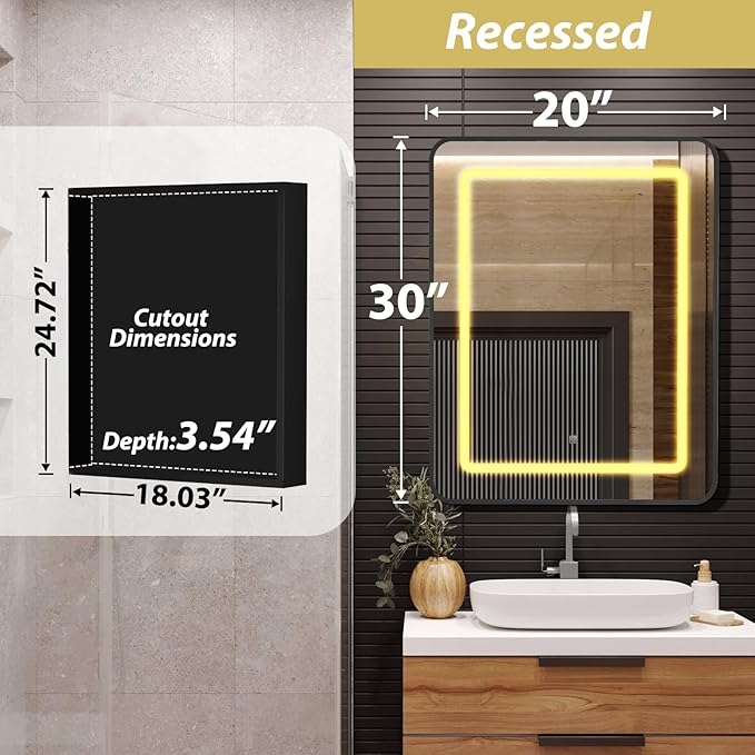 ROOMTEC Lighted Medicine Cabinet with Mirror 20"x30", Wall Mounted Bathroom Mirror with Storage, Single Doors Bathroom Wall Cabinet with LED Lights,Black