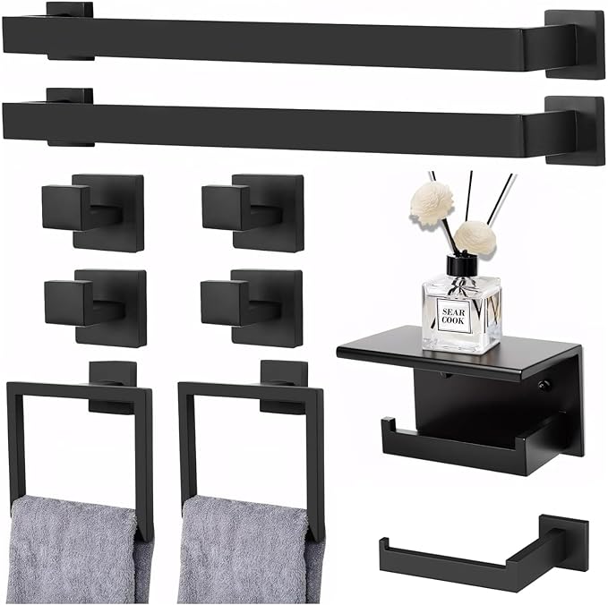 10 Pieces Matte Black Bathroom Accessories Set, 23.6 Inch Towel Racks for Bathroom Wall Mounted, Stainless Steel Bath Towel Bar Set, Bathroom Hardware Accessories for Kitchen & Bath