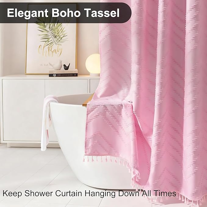 Extra Long Shower Curtains 72 x 78 Inches Tufted Chevron Pink Shower Curtains Fabric for Bathroom Modern Shabby Chic Waterproof Cloth Shower Curtain