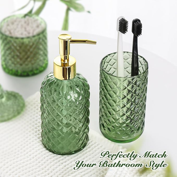 RYTOXILO Green Bathroom Accessories Set, 4 Pack Olive Green Bathroom Decor Accessory Sets Complete, Diamond Glass Soap Dispenser and Toothbrush Holder Set for Bath Counter Organizer Essentials