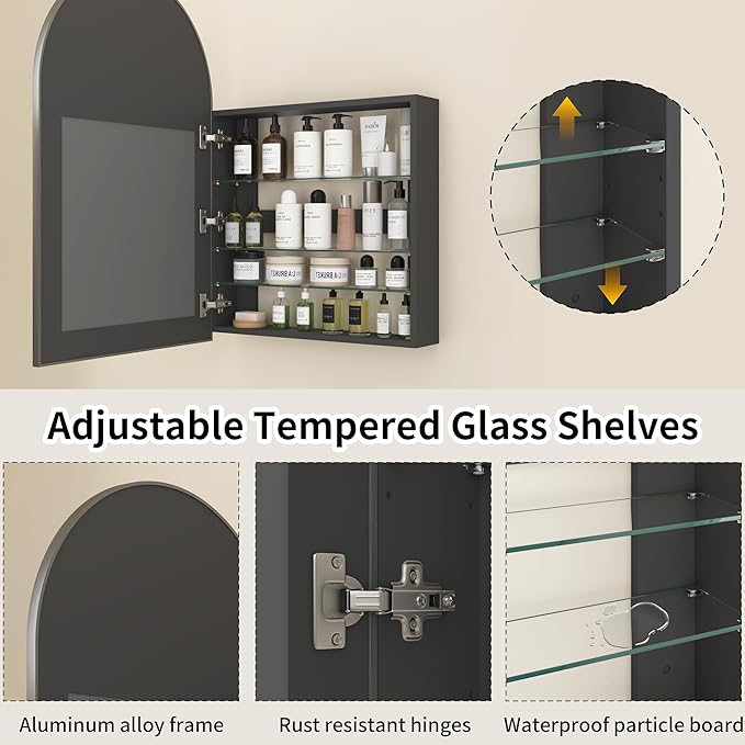 FKWin Black Medicine Cabinet for Left or Right Opening, Wall Mounted Bathroom Cabinet with Mirror not Recessed, Modern Bathroom Mirror with Storage, Black, 24x36 inch