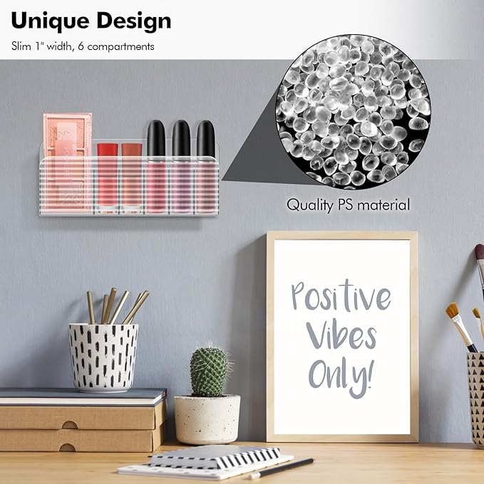 Poeland 3 Pack Wall Mount Storage Boxes, Plastic Lipstick Makeup Brush Holder with 6 Compartments for Home Office (Transparent)