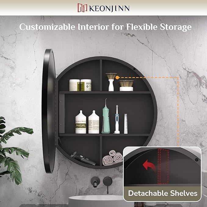 Keonjinn 28 Inch Round Lighted Medicine Cabinet, Black LED Medicine Cabinet Mirror, Circle, Electrical Outlet, 3 Color Lights, Anti-Fog, Dimmable, Surface Mount Only