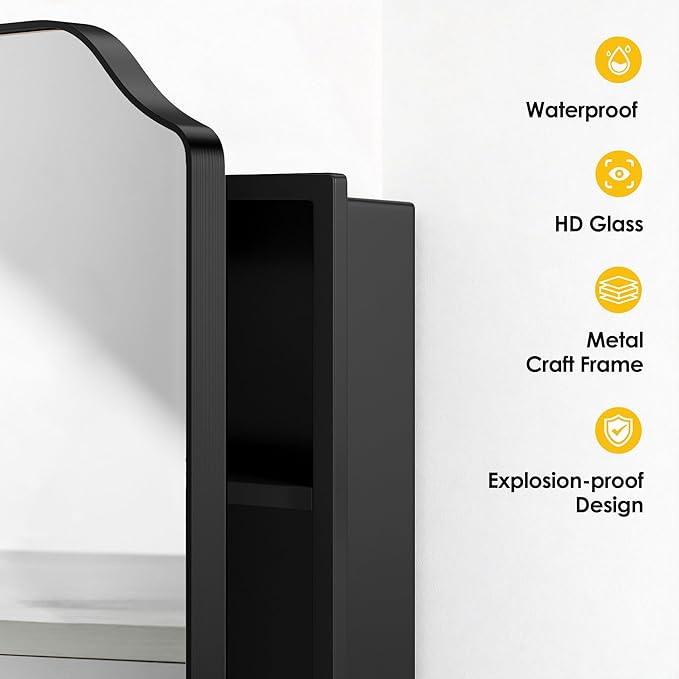 SogesHome Recessed Bathroom Mirror Medicine Cabinet with Storage, 15.7 x 23.6 Inch Wall Mounted Modern Octagon Vanity Organizer with Shelves, Space-Saving Elegant Bathroom Storage, Black