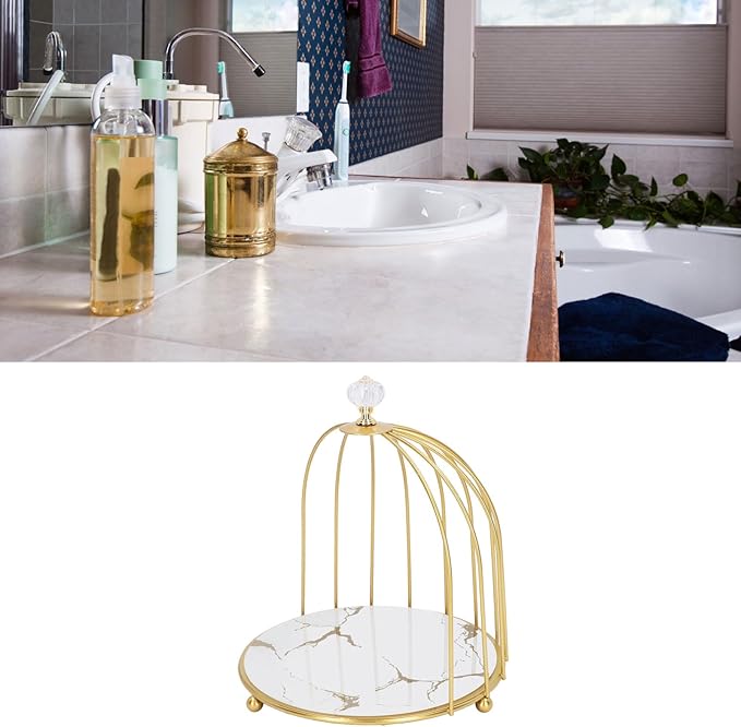 TOPINCN Cosmetics Organizer Shelf, Bathroom Desktop Metal Storage Holder for Makeup and Skincare, Bird Cage Gold Frame, 1 Tier Vanity Jewelry Display Tray for Bathroom Bedroom (White