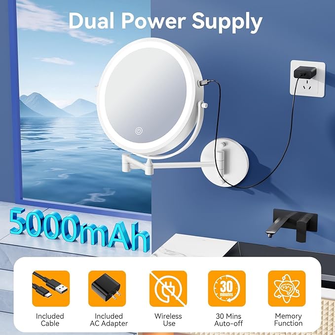 9'' 30X/1X Wall Mounted Lighted Makeup Mirror, 5000mAh Rechargeable Double-Sided Magnifying Mirror with Light, Bathroom Mirror Touch Dimmable 3 Colors 360° Rotation Extended Arm, Power Adapter