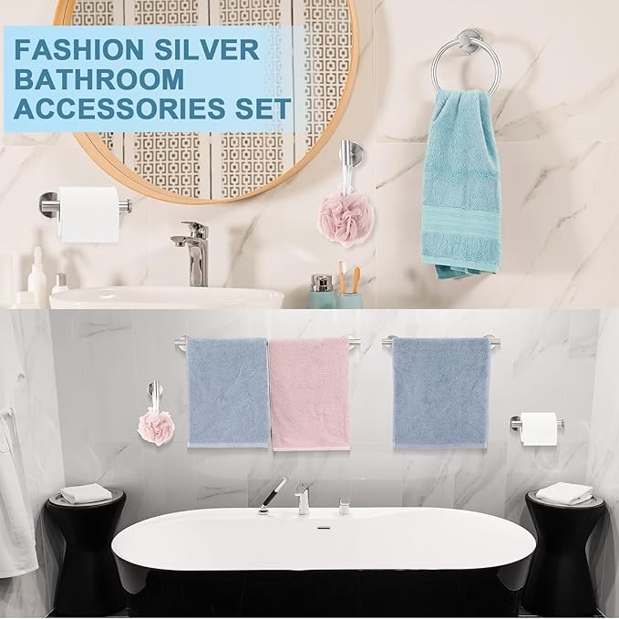 Gisafai 20 Pcs Silver Bathroom Accessories Hardware Set Towel Racks for Bathroom SUS304 Stainless Steel 23.6 Inch Brushed Towel Bar Ring Toilet Paper Holder Robe Hooks for Wall Mounted
