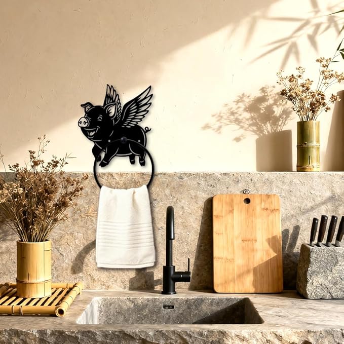 MAYJOYDIY Flying Pig Metal Towel Ring Round Wings Pig Hand Towel Holder Animals Ring Hanger Wall Mount Black Vintage Towels Wall Organizer for Kitchen Bath Home Laundry Room Decors Gifts