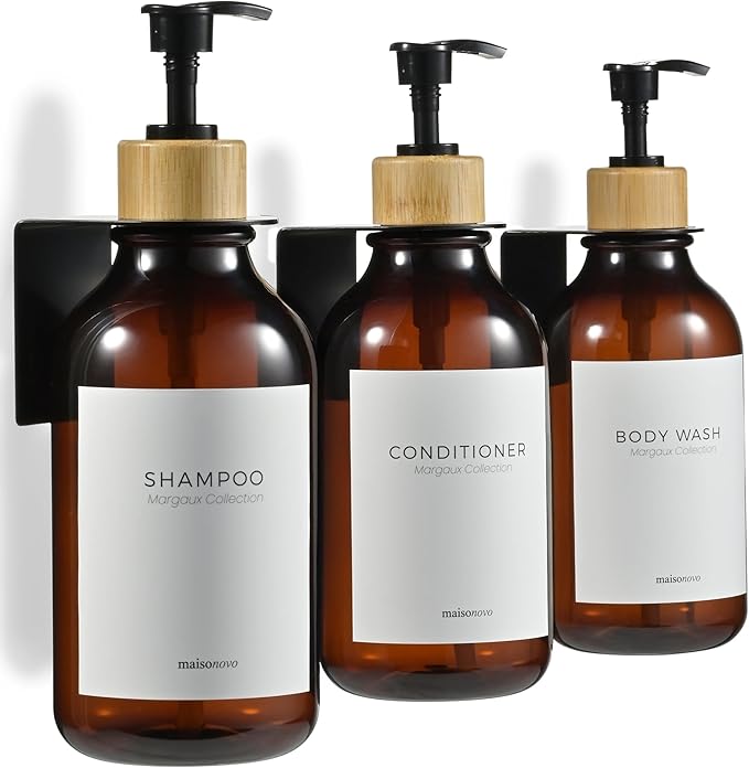 Shampoo and Conditioner Dispenser Wall Mounted Set of 3 Amber Bamboo - No Drill Shower Soap Dispenser for Bathroom Refillable - Spa Hotel Style Accessories by MaisoNovo