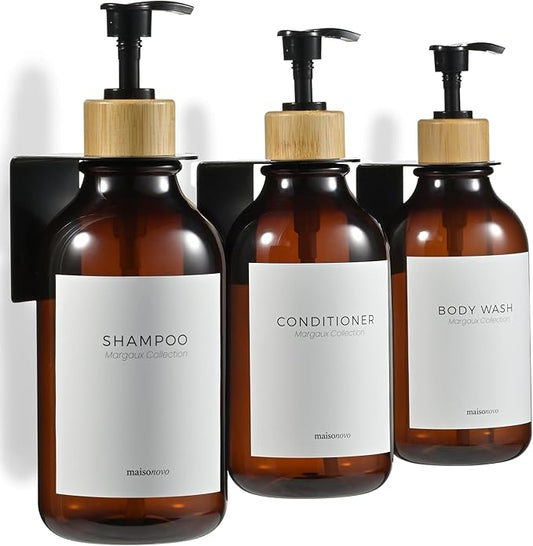 Shampoo and Conditioner Dispenser Wall Mounted Set of 3 Amber Bamboo - No Drill Shower Soap Dispenser for Bathroom Refillable - Spa Hotel Style Accessories by MaisoNovo
