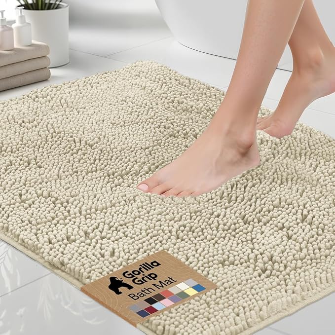 GORILLA GRIP Bath Rug Mat 36x24, Thick Absorbent Chenille, Quick Dry Microfiber Mats, Rubber Backing Washable Shower Floor Rugs, Bathmat Runner, US Designed Bathroom Home Decor Accessories Dusty Cloud