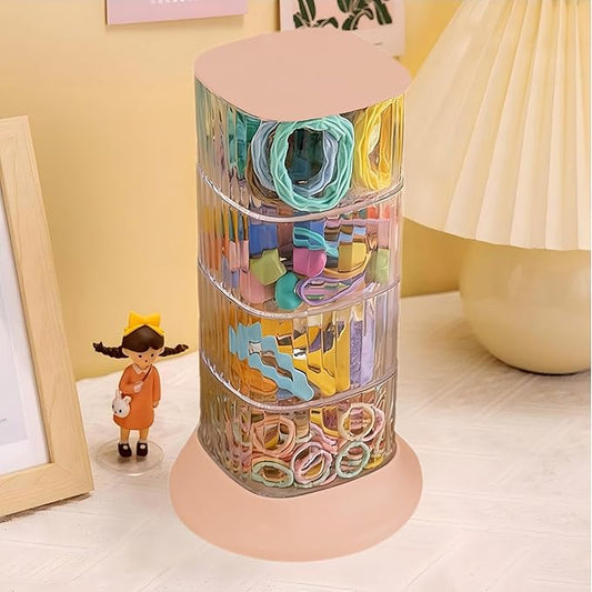 Hair Accessory Organizer, 4-Layer Rotating Clear Hair Tie Organizer for Hair Clips, Headbands, Hair Ties, Earring, Necklace, Ring, Jewelry Boxes & Organizers for Girls & Women (4-Layer，Pink)