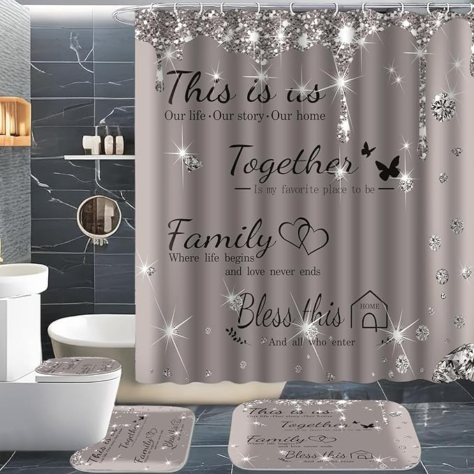 juwute 4Pcs Family Shower Curtain Sets with Non-Slip Rugs, Toilet Lid Cover and Bath Mat,Grey Glitter Diamond Home Bathroom Decor Set Accessories Waterproof Shower Curtains with 12 Hooks, 72 x 72 Inch