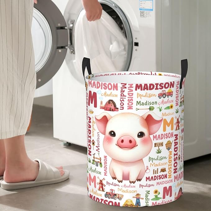 Personalized Farm Pig Laundry Basket For Baby Kids Boys Girls Adult Custom Hamper Basket With Name For Bathroom Bedrooms Collapsible Baby Laundry Basket, Dirty Clothes Hamper With Handles