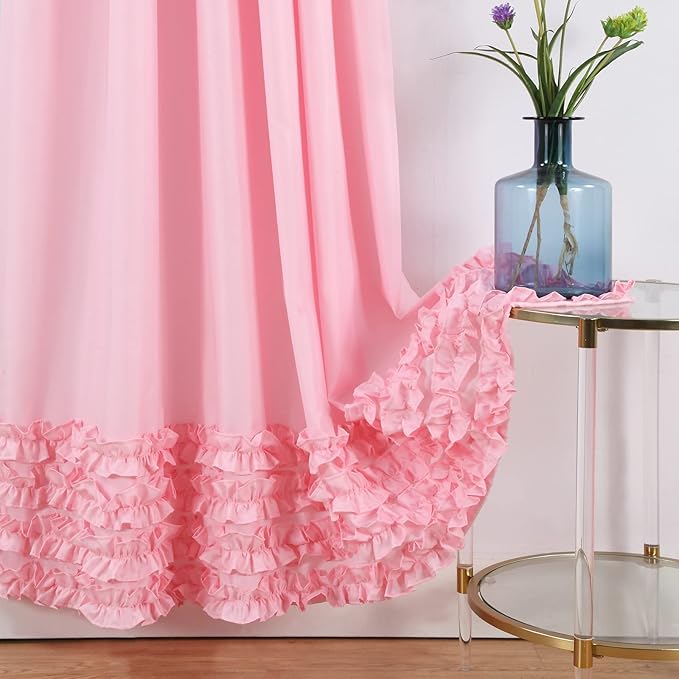 Ruffled Pink Modern Polyester Fabric Shower Curtain,Solid Waterproof Decoratived Farmhouse Shower Curtains for Bathroom,Small 54" W x 72" L