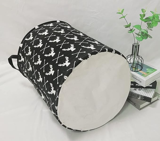 KUNRO Round Laundry Gift Basket Storage Hamper, Clothes Storage Organizer Bins, Shelf Basket with Handles for Room Decor (Deer)