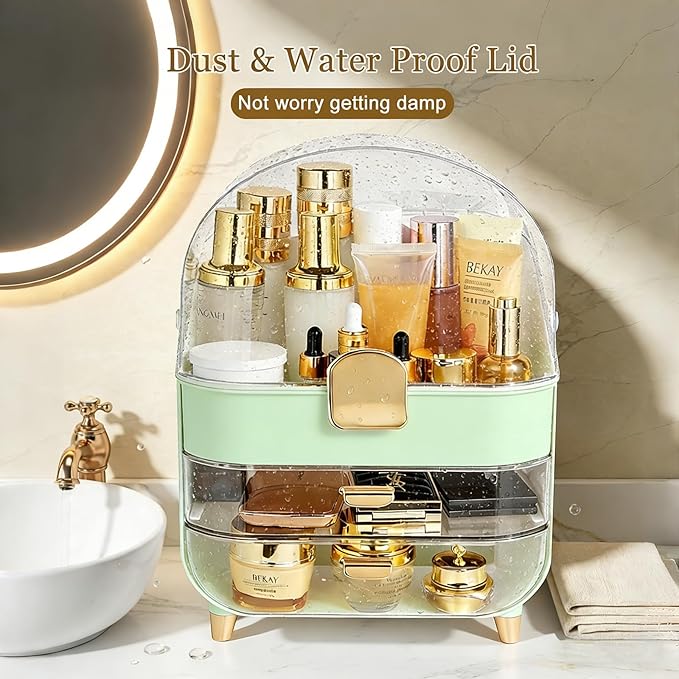 Makeup Organizer with Drawers,Cosmetic Display Case for Vanity,Skincare Organizer with 360 Rotating Brush Holder,Large Storage Box Dresser for Women Gifts, Bathroom Countertop,Green