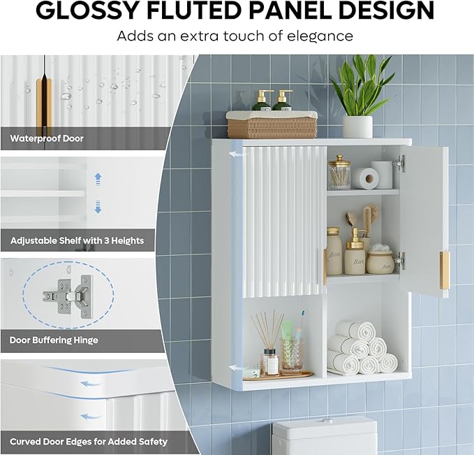 Besiter Fluted Bathroom Wall Cabinet, 23"x 29" Wall Mounted Medicine Cabinet with 2 Doors & Adjustable Shelves, Over The Toilet Storage Cabinet for Laundry Rroom, Kitchen & Living Room (Glossy White)
