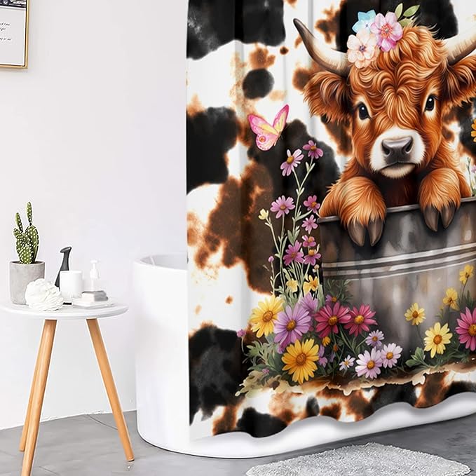 Highland Bull Flowers Shower Curtain Set with Toilet Lid Cover and Non-Slip Rugs, Cow Print 4 Pcs Shower Curtain with 12 Hooks, Farmhouse Vintage Bathroom Set with Rugs and Accessories