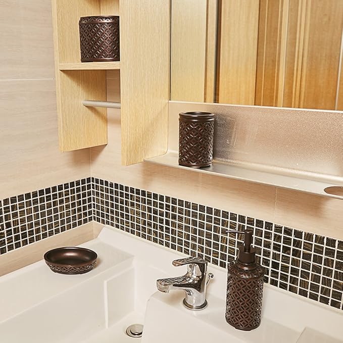 4-Piece Orbs Bathroom Accessories Set - Includes Toothbrush Holder, Tumbler, Soap Dish, Dispenser Pump - Simple Metal Design