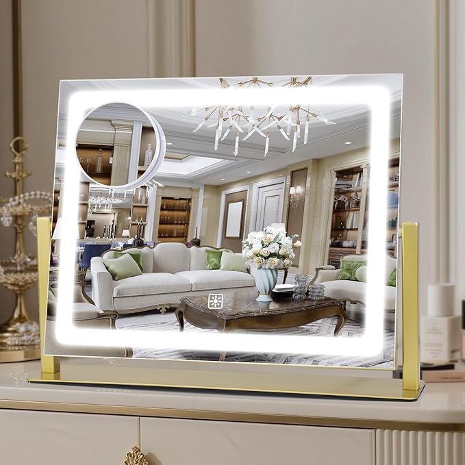 Vanity Mirror with Lights, 16"×12" LED Makeup Mirror, HD Professional Mirror, 10X Magnification, Smart Touch with 3-Color Lighting, Dimmable, 360° Rotation, Lighted Up for Makeup Desk, Bedroom (Gold)