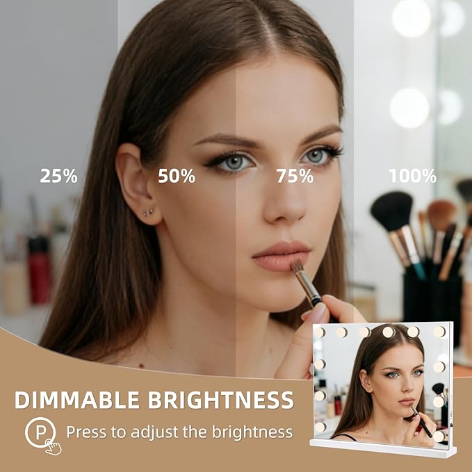 Vanity Mirror with Lights, 19.7"x16.5" Hollywood Mirror with 12 Dimmable LED Bulbs, 3 Color Lighting Modes & 10X Magnification Makeup Vanity Mirror for Desk Wall-Mounted