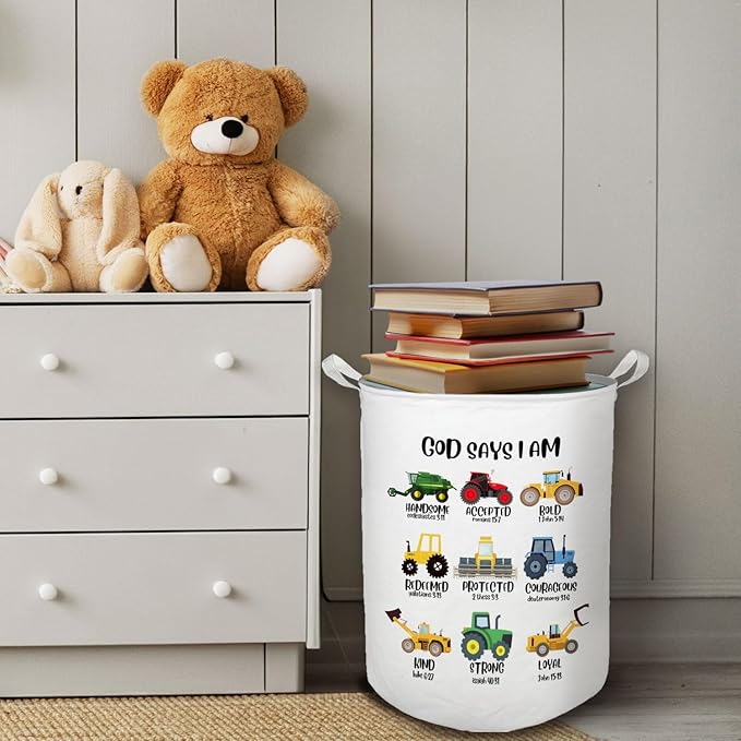 God Says I Am Construction Kids Laundry Basket, Toybox for Boys Room, Christian Laundry Basket Hamper Waterproof Collapsible Clothes Toys Storage Bin Organizer for Bedroom Bathroom Boys Room