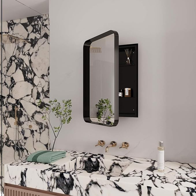 16 x 24 Inch Rounded Rectangle Medicine Cabinet with Mirror and Black Metal Frame for Bathroom, Recessed or Surface Wall Mount Cabinet with 2 Adjustable Glass Shelves, Matte Black