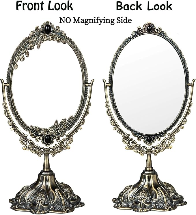 Feyarl Small Metal Vintage Makeup Mirror Floral Tabletop Oval Vanity Swivel Double Sided Mirror with Stand Elegant Decorative for Dressing Room Bedroom (Bronze)