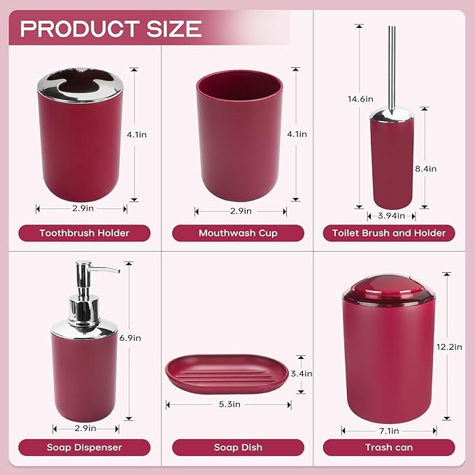 Bathroom Accessories Set, 6Pcs Bathroom Accessory Set Includes Toothbrush Holder, Soap Dispenser, Soap Dish, Toothbrush Cup, Toilet Brush, Trash can for Bathroom Countertop Decor(Burgundy)