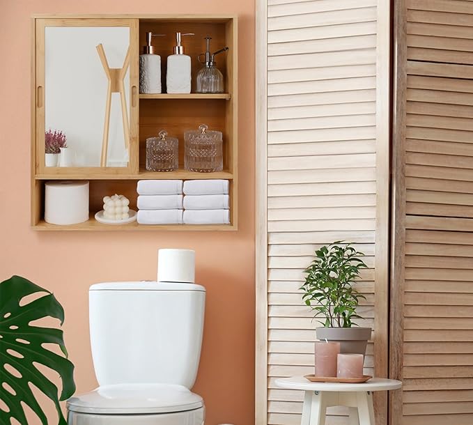 ZYBT Bamboo Bathroom Cabinet,Mirrored Medicine Cabinets,Bathroom Cabinet Wall Mounted with Storage,Medicine Cabinets with Mirror,Over The Toilet Storage with 2 Sliding Doors