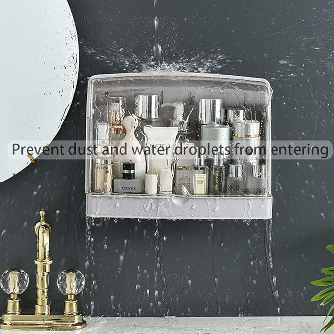 Cosmetic Organizer for Bathroom, No Drilling Wall Mount Makeup Organizer Dustproof & Waterproof Cosmetics Display Cases,Makeup Storage Box,Perfume rack,Kitchen Spice Rack, Clear-Gray White
