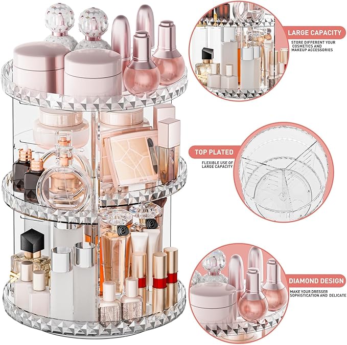 360° Rotating Makeup Organizer, Diamond Pattern DIY 5 Adjustable Layers Skincare Clear Cosmetics Organizer for Vanity Countertop with Perfume Tray