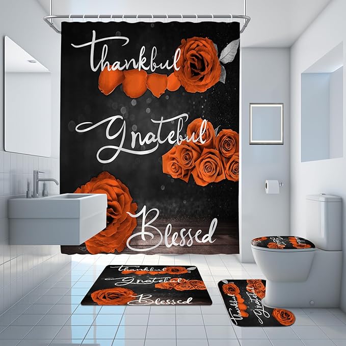 Onalasyc 4Pcs Orange Rose Shower Curtain Set with Rugs Waterproof Bathroom Sets with Shower Curtain and Rugs Romantic Rose Floral, Thankful Grateful Blessed Bathroom Curtains Shower Set,with 12 Hooks