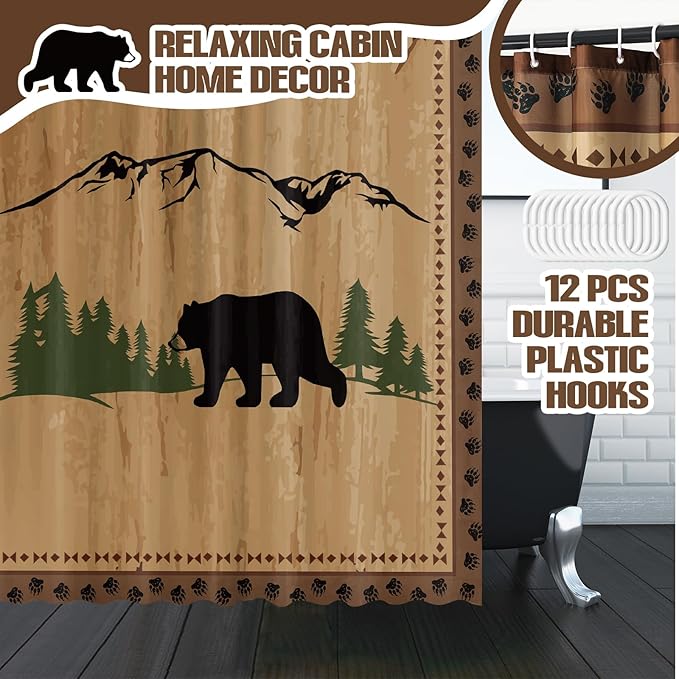 Drydiet 4 Pcs Bear Shower Curtain Set Rustic Cabin Bathroom Decor Farmhouse Waterproof Bear Shower Curtain with Non Slip Rug Toilet Lid Cover Bath Mat and 12 Hooks for Bathroom Decor 71 x 71 Inch