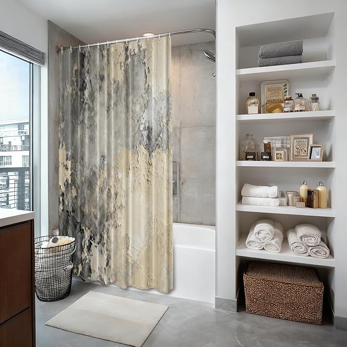 Shrahala Taupe Squares Texture Decorative Shower Curtain, Grey and Beige Art Painting Bathroom Décor Polyester Fiber Waterproof with Plastic Rings for Shower Stall Bathtubs 72 X 36 in