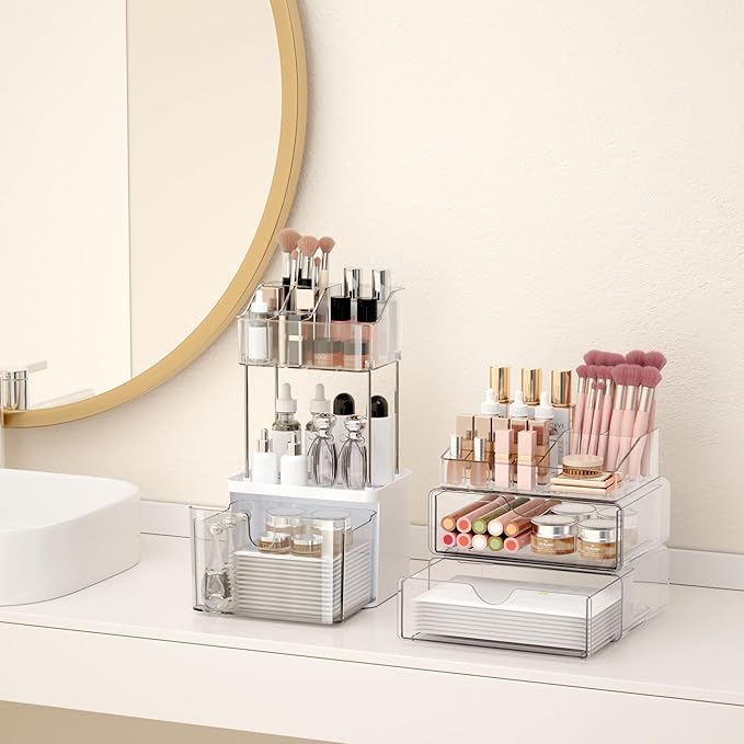 Bathroom Counter Organizer Clear - 3Pcs Stackable Makeup Countertop Organizer for Vanity - Multi-Purpose Skin Care Lipstick Cosmetic Organizer