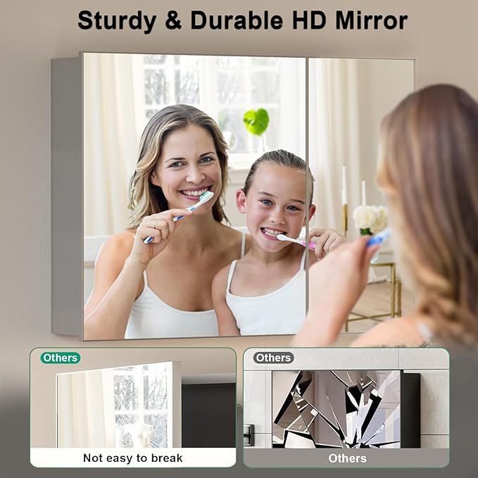 24x32 Inch Bathroom Medicine Cabinet with Mirror, Pre-Assembled Bathroom Medicine Cabinets, Surface/Recessed Wall Mounted Farmhouse Large Medicine Cabinet, Sliver