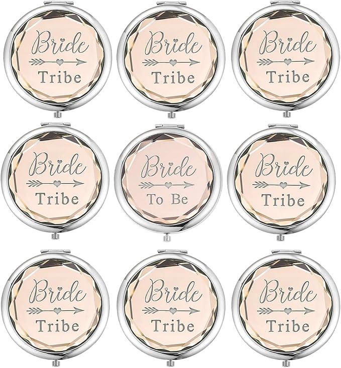 Pack of 9 Compact Pocket Makeup Mirrors Set Include 1 Bride to Be Mirror and 8 Bride Tribe Mirrors Bachelorette Party Bridesmaid Proposal Gifts (Champagne)