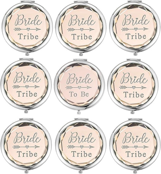 Pack of 9 Compact Pocket Makeup Mirrors Set Include 1 Bride to Be Mirror and 8 Bride Tribe Mirrors Bachelorette Party Bridesmaid Proposal Gifts (Champagne)